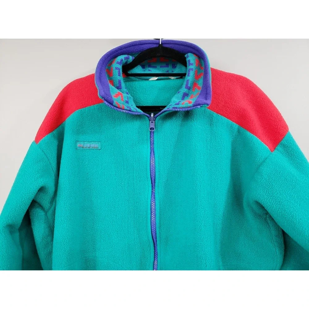 Vintage Columbia Jacket Mens Large Blue Teal Fleece Aztec Collar Retro USA 90s